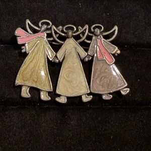 Enamel Three Angels Brooch Pin Holiday Christmas Halo Wings Friends Sisters
